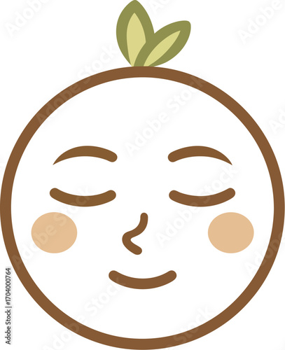 A serene and peaceful circular character with closed eyes and a gentle smile, featuring a small green plant sprout on its head representing wellness, growth, and nature