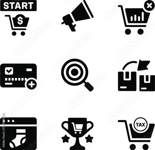 Collection of black and white e commerce icons representing online shopping and business activities