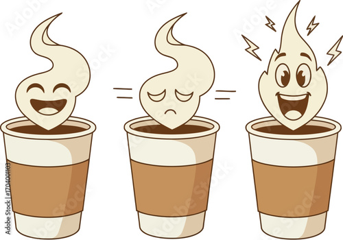A charming cartoon steam ghost demonstrates the revitalizing power of coffee, transitioning from a tired state to an energetic and happy mood