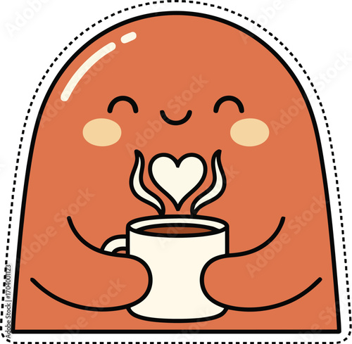 A cute and happy cartoon creature enjoying a warm cup of coffee with steam in the shape of a heart. Kawaii doodle sticker illustration