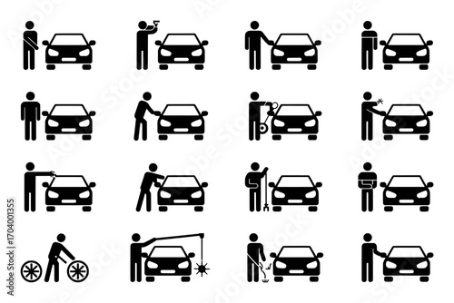 Icon Set: People Interacting with Cars and Vehicles