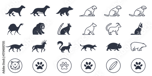 Set of various animal icons in black color