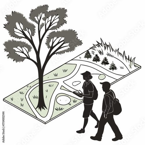 A couple of hikers with backpacks navigating a path on an illustrated map, a concept for travel, exploration, and outdoor adventure