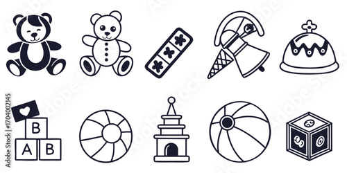 Toys icons, vector illustration, line art style