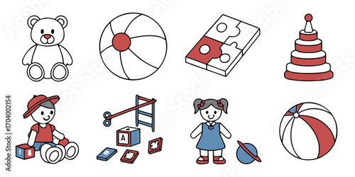 Collection of childrens toys in color outline