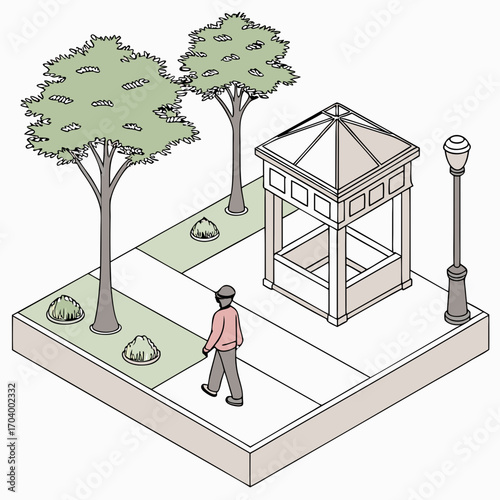 Vector art depiction of a public community space with a pedestrian, gazebo, and trees in an isometric view