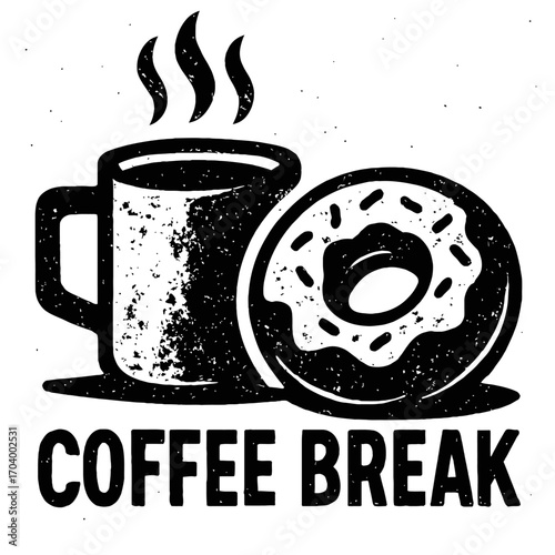 Classic Coffee Break retro grunge illustration: steaming mug, frosted donut with sprinkles. Perfect for vintage cafe branding, apparel, digital art, social media. Monochrome distressed design for morn