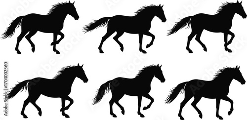 Set of running horse silhouettes in motion, perfect for equestrian themes, wildlife art, vector design, and animal movement illustrations.