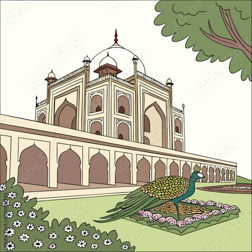 Taj Mahal Illustration Featuring a Peacock in a Garden of Flowering Bushes