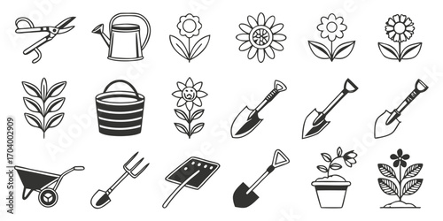 Gardening tools and flowers icons in line art