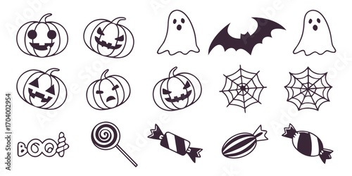 Halloween doodle set with pumpkins, ghosts, bat and candies