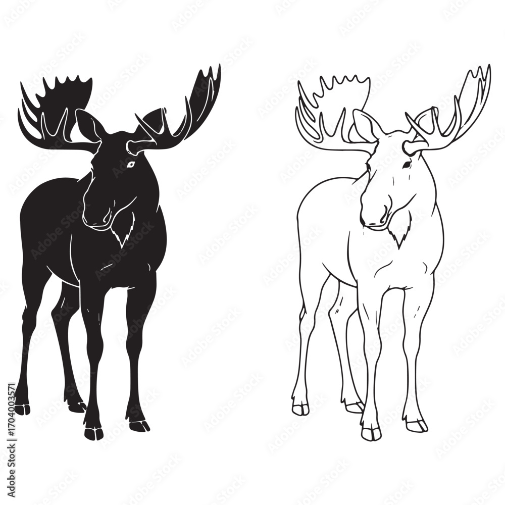 Fototapeta premium Iconic Moose Silhouette & Moose Lineart – Moose Vector Art Capturing Classic Forest Mammal – Black Vector of Moose – Vector Set of Moose