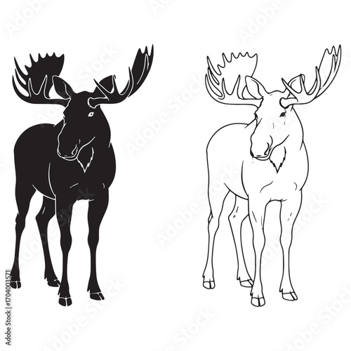 Iconic Moose Silhouette & Moose Lineart – Moose Vector Art Capturing Classic Forest Mammal – Black Vector of Moose – Vector Set of Moose