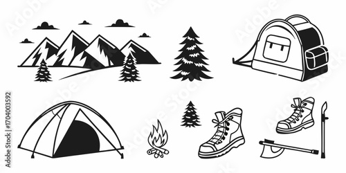 Collection of camping and outdoor adventure icons