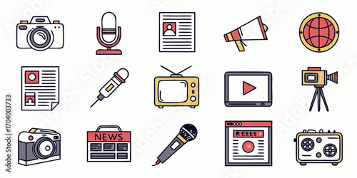Media and communication icons, camera, microphone, newspaper, and television