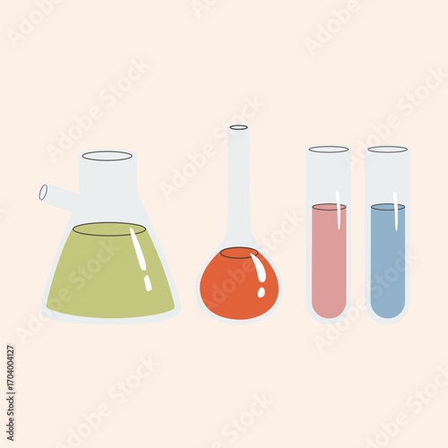 Laboratory glassware Lab Flask. Laboratory test tube, a vial with a dropper, a measuring cup. Beakers with different reagents. Chemistry equipment flask Biology Icon