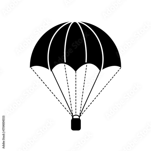 Black and white icon depicting a parachute descending with a package, symbolizing air delivery, urgent shipping, logistics, and aerial transport services