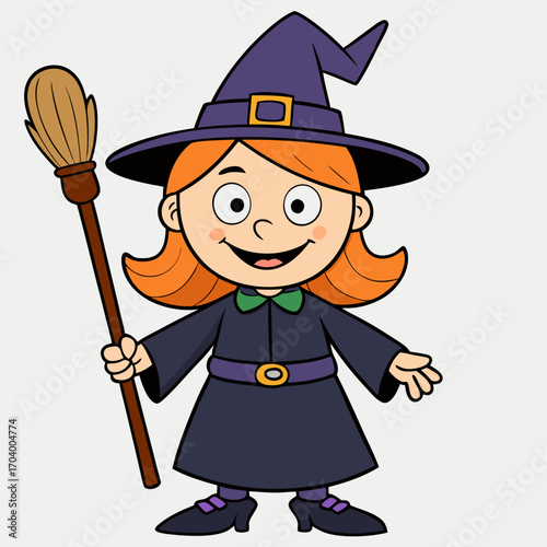 Cute cartoon witch with broom halloween costume vector illustration for kids and halloween themed designs