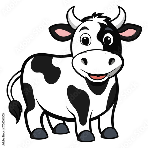 Cartoon cow vector illustration, black and white dairy cow drawing for kids, farm animal graphic design element