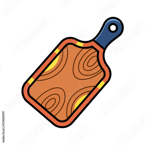 Brown wooden cutting board with blue handle.