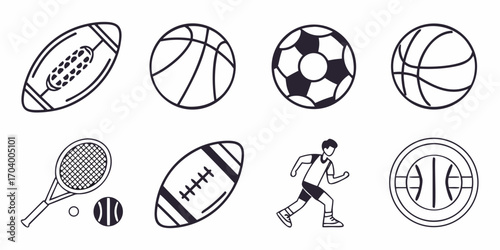 Sports equipment outline icons for soccer, basketball, tennis and football
