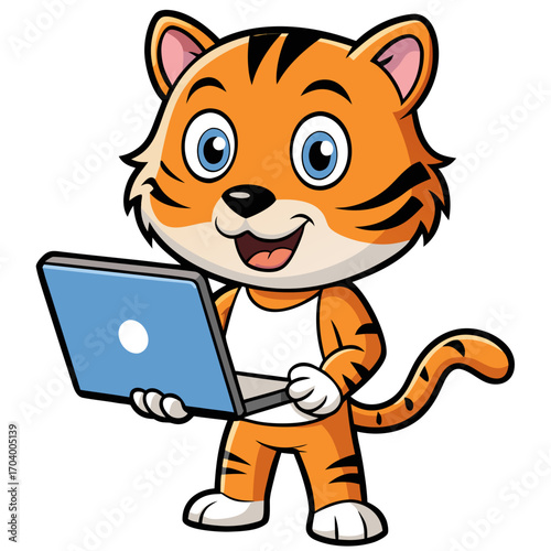 Cartoon tiger with laptop vector illustration for graphic design and web development projects and digital art