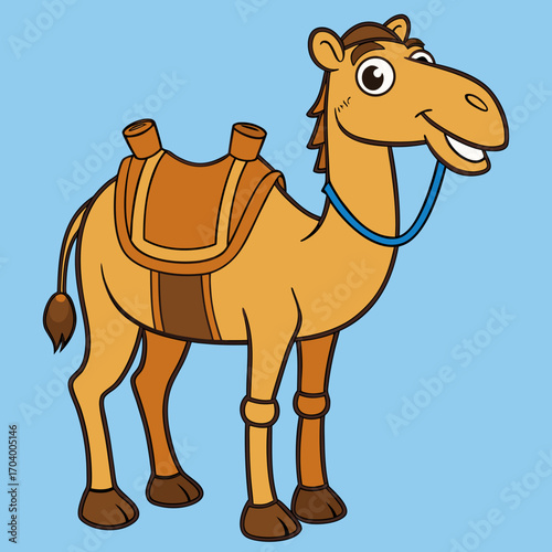 Cartoon camel illustration drawing vector image of a dromedary with saddle for kids and desert travel concept