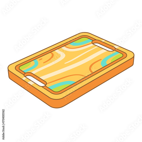 Rectangular wooden cutting board with handles.