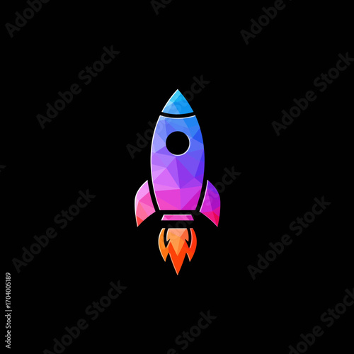 Colorful Geometric Rocket Ship Flying with Fiery Exhaust Against a Black Background
