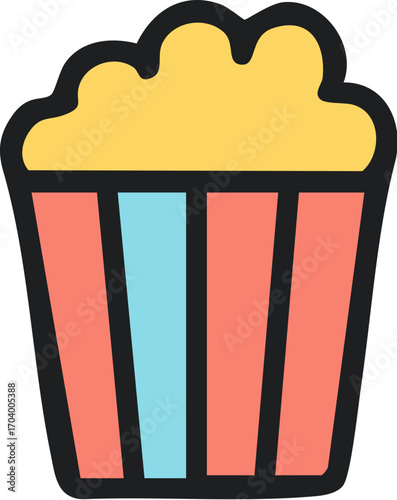 Colorful cartoon popcorn in a striped box icon.