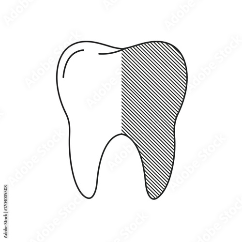 Minimalist line art icon of a human tooth, half clean and half shaded, symbolizing dental care, oral hygiene, and treatment processes