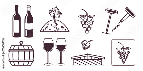 Wine making icons, wine bottles, grapes, glasses, and vineyard