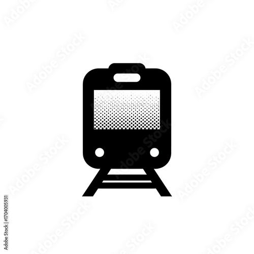 Minimalist front view icon of a train on a railway track. Simple black vector graphic symbol for public transportation, subway, or metro travel with a halftone texture