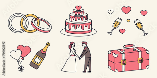 Wedding icon set with rings and cake