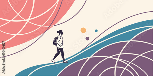 Woman walking with backpack on abstract background with curves design