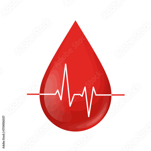 Illustration of a vibrant red blood drop with an electrocardiogram pulse, a symbol for life, donation, and healthcare