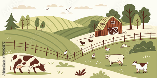 Scenic farm landscape with barn, cow, goat, and chicken in countryside