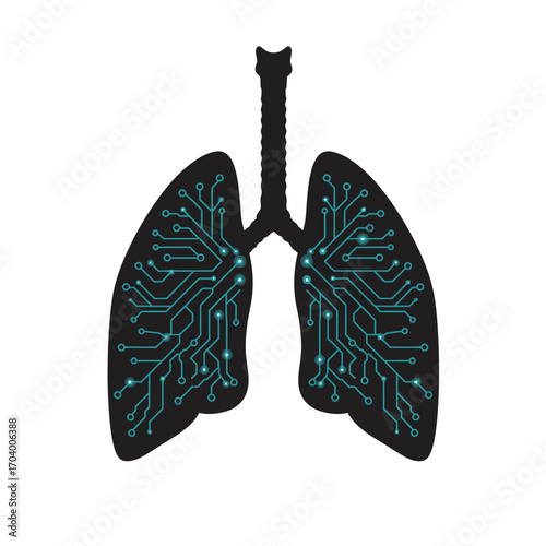 Human lungs silhouette with a digital circuit board pattern, symbolizing the fusion of biology and advanced technology in modern medicine