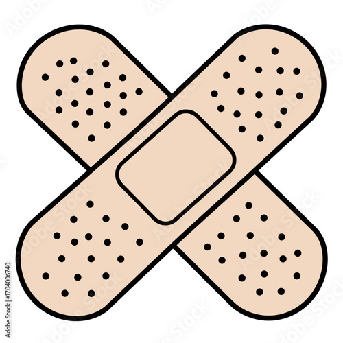 Simple vector illustration of two adhesive bandages crossed, symbolizing first aid, care, protection, and minor wound healing, suitable for health and medical designs