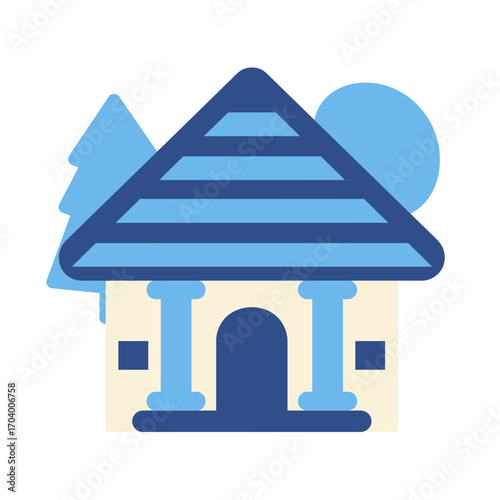 Clean graphic illustration of a grand architectural structure, embodying concepts of stability, learning, and community, rendered with minimalist shapes and a harmonious color palette