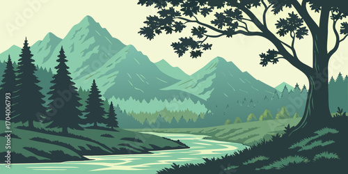 Serene mountain scene with river flowing through forest and meadow landscape