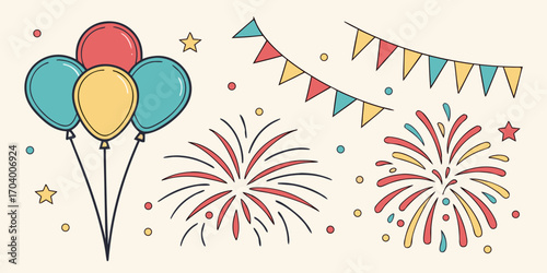 Festive celebration with balloons, fireworks, and colorful bunting flags