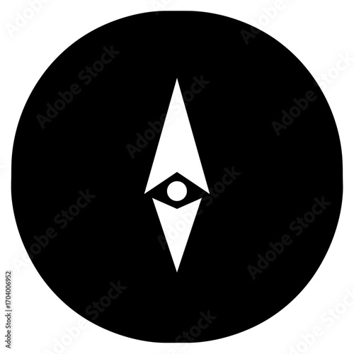 Abstract compass needle with an all-seeing eye icon in a black circle, symbolizing spiritual guidance, direction, and visionary navigation. Minimalist vector illustration