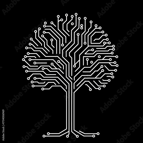 Abstract digital tree formed by glowing circuit board traces, symbolizing the organic growth of technology, artificial intelligence, and interconnected data networks