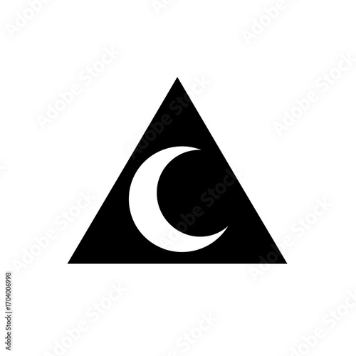 Vector illustration of a simple black triangle containing a white crescent moon, a powerful symbol for alchemy, witchcraft, and the occult