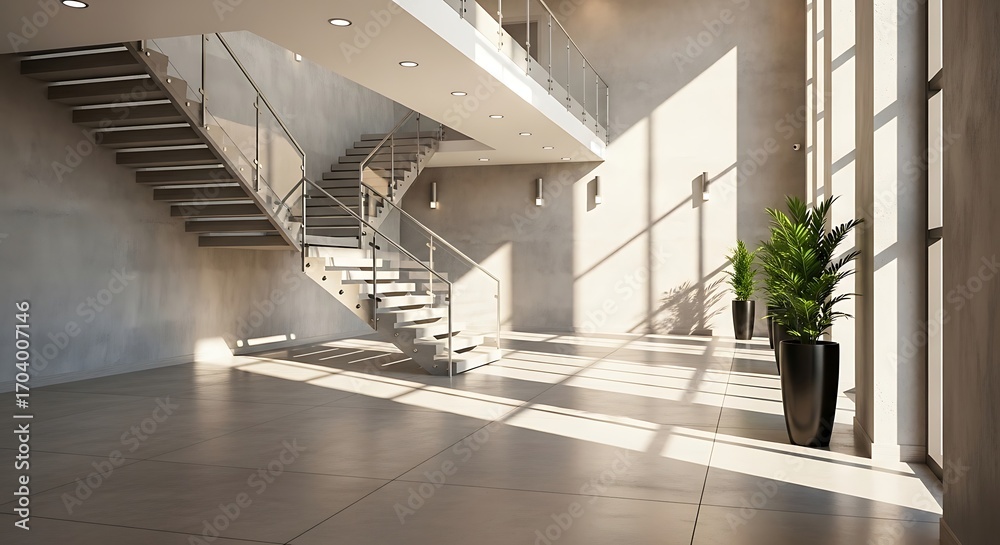 Obraz premium Modern foyer featuring a staircase with natural light and potted plants