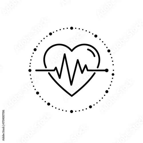 Minimalist line art icon of a heart with a heartbeat EKG wave, symbolizing health, cardiology, and life pulse in a circular frame