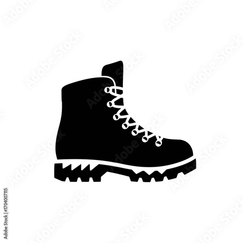 Black silhouette of a sturdy hiking boot with laces and a rugged sole, perfect for outdoor adventures and rugged terrain