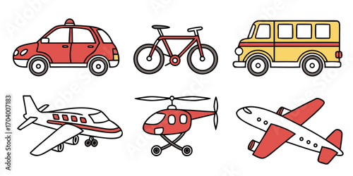 Different means of transportation in line drawing style