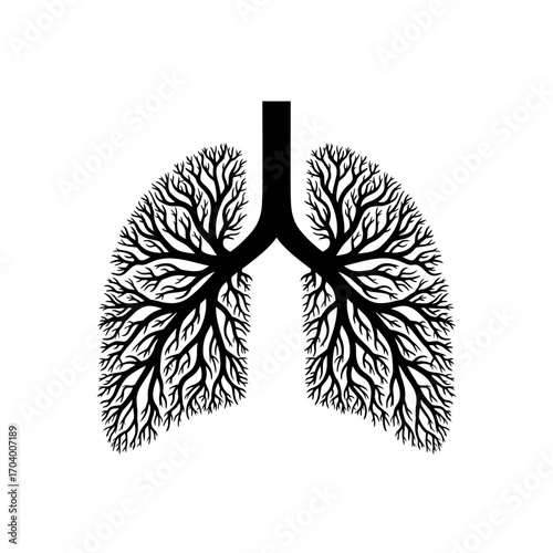 Minimalist graphic art of the human lungs, featuring an extensive system of branches like a tree, conveying concepts of respiration, health, and intricate biological design